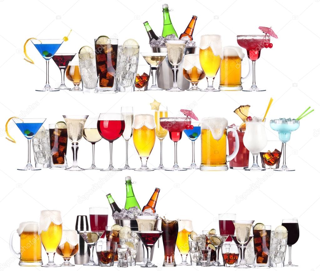 Set of different alcoholic drinks and cocktails