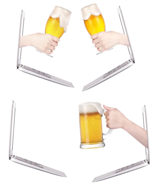 Laptop side with beer toasting — Stock Photo, Image