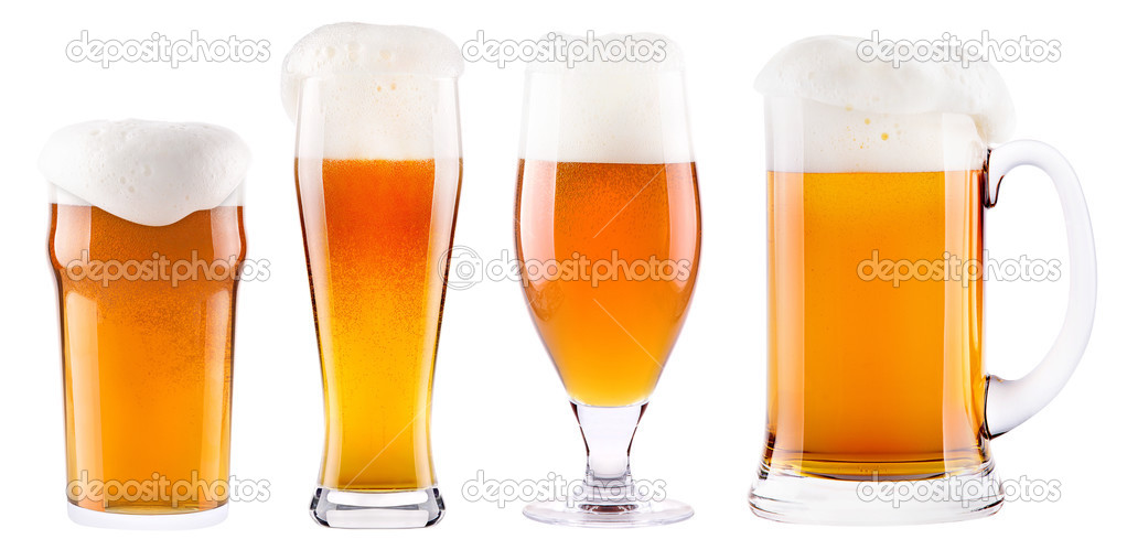 Frosty fresh beer collection with foam isolated