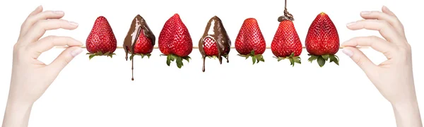 Erdbeeren und Schokolade mit der Hand — Stockfoto