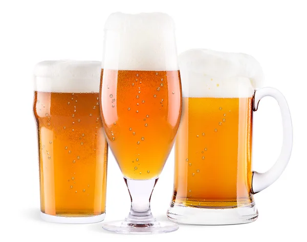 Frosty fresh beer collection with foam isolated — Stock Photo, Image