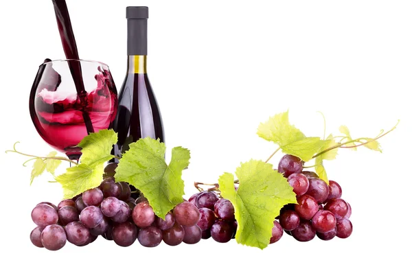 Ripe grapes, wine glass and bottle of wine — Stock Photo, Image