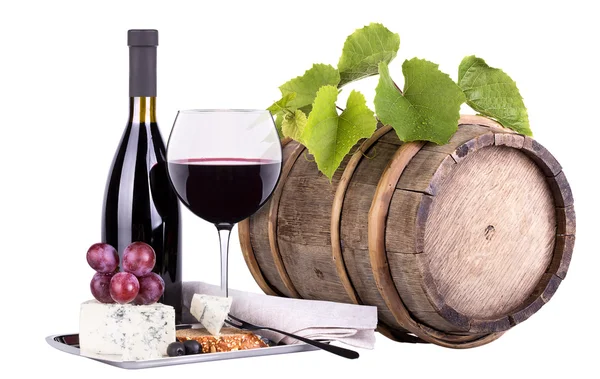 Grapes on a barrel with corkscrew, wine glass and cheese — Stock Photo, Image