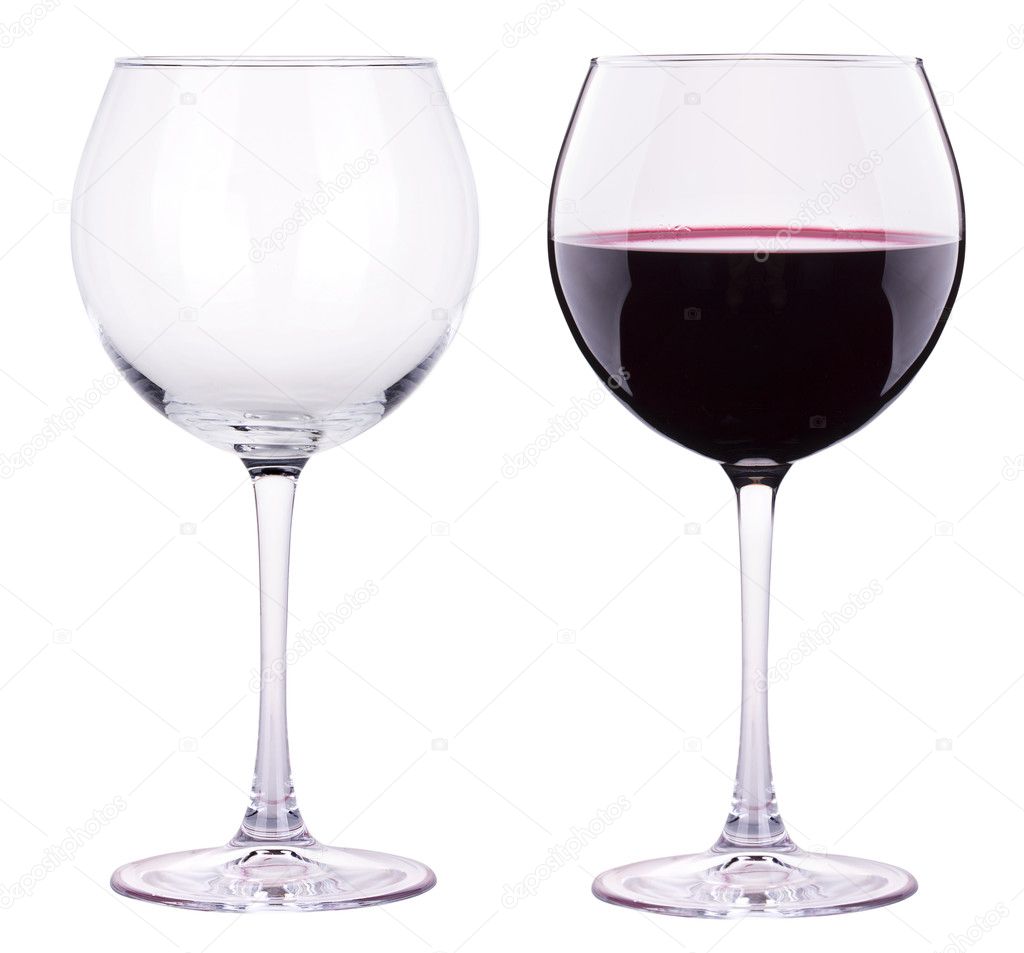 full and empty red wine glass isolated
