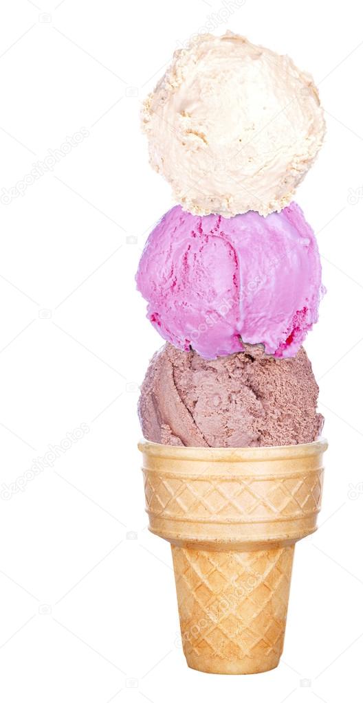Three scoops of ice creams with cone isolated