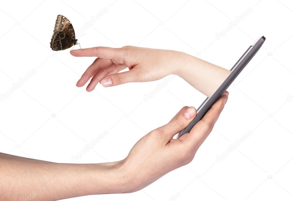 digital tablet side view with butterfly on hand