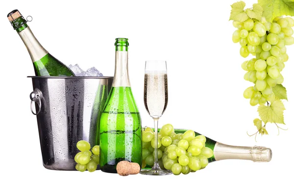 Grapes, ice bucket with champagne isolated — Stock Photo, Image