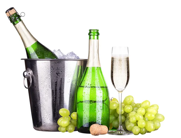 Grapes, ice bucket with champagne isolated — Stock Photo, Image