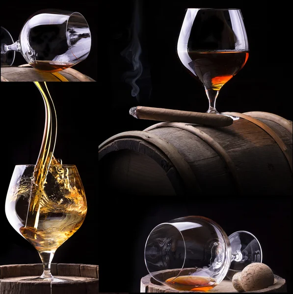 Cognac und Zigarre auf Schwarz mit Fasscollage — Stockfoto