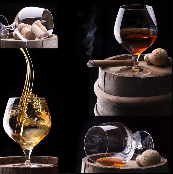 Cognac et cigare sur noir avec collage tonneau — Photo