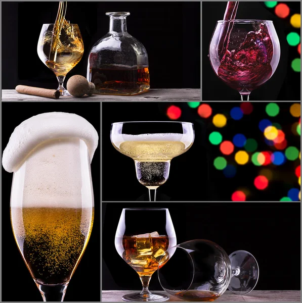 Bebidas alcohólicas collage aislado en un negro — Foto de Stock