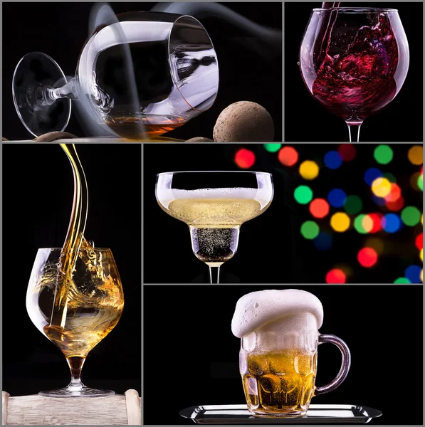 Collage von Alkoholgetränken isoliert auf einem schwarzen — Stockfoto