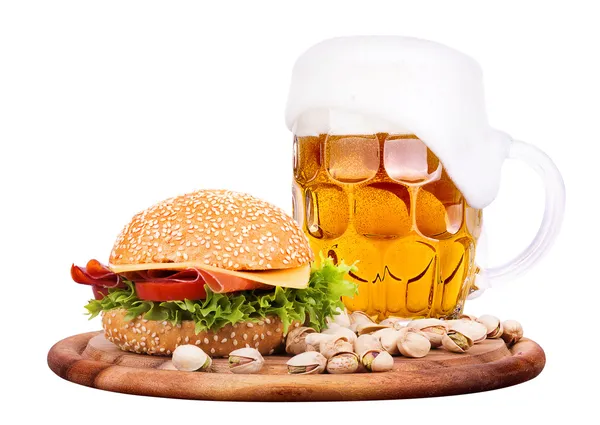 Closeup of homemade burger and beer — Stock Photo, Image