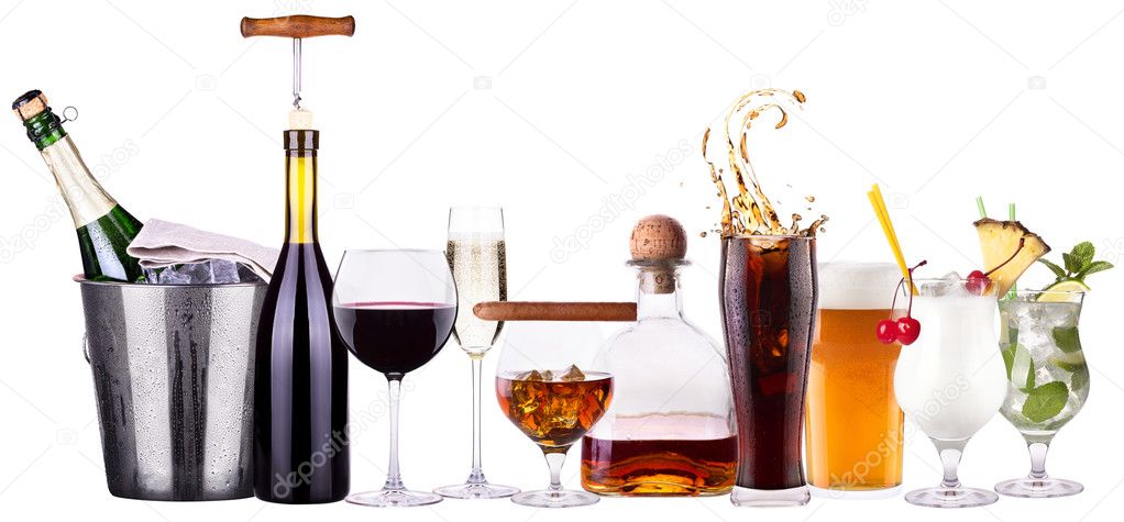 Set of different alcoholic drinks and cocktails