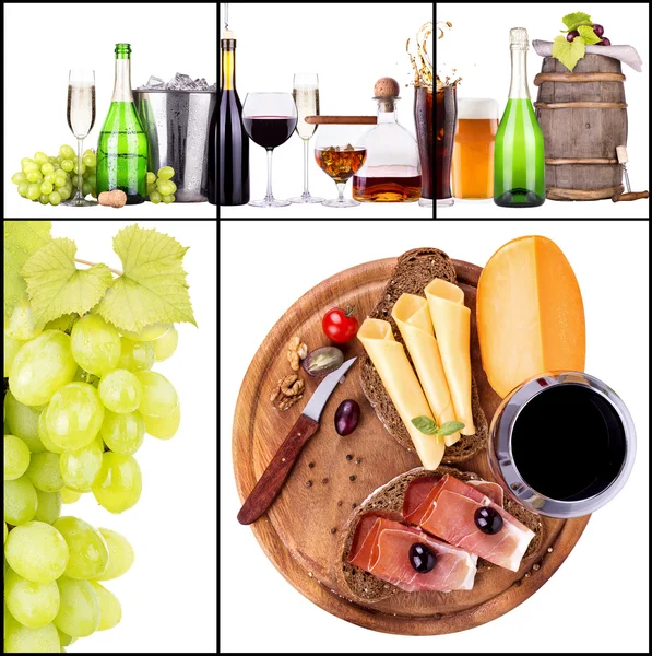 组的不同酒类饮品和食品 — 图库照片