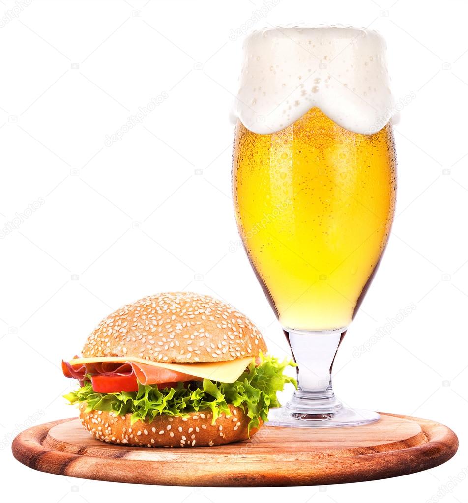 Closeup of homemade burger and beer