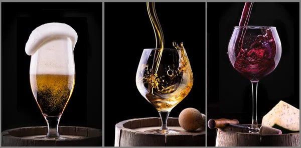 Öl, vin, whisky isolerad på en svart — Stockfoto