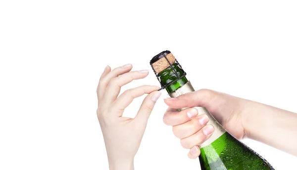 Hand opening bottle of champagne — Stock Photo, Image