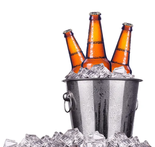 Bottiglie di birra isolate in secchio di ghiaccio — Foto Stock