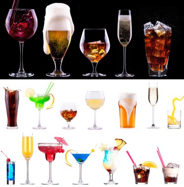 Şampanya, kırmızı ve beyaz şarap, bira