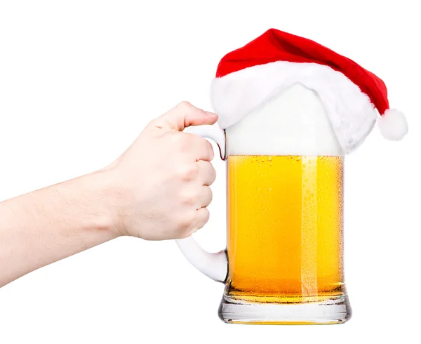 Brindis con Cerveza y Sombrero de Santa — Foto de Stock