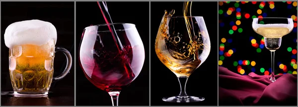 Birra, vino, scotch e champagne su un nero — Foto Stock