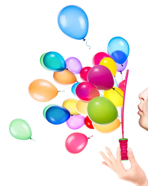 Bańka różdżki i balony latające — Zdjęcie stockowe