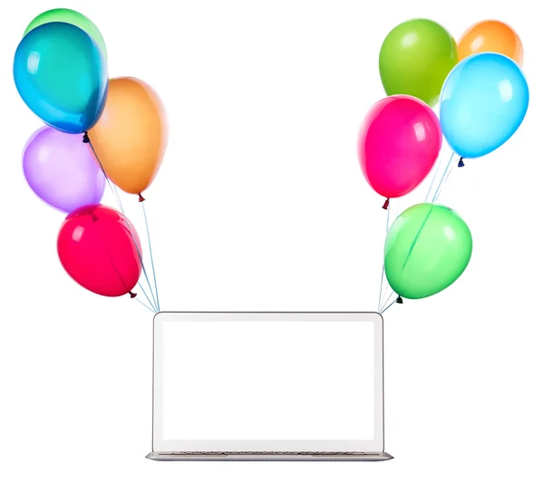 Computador portátil pendurado em balões coloridos — Fotografia de Stock