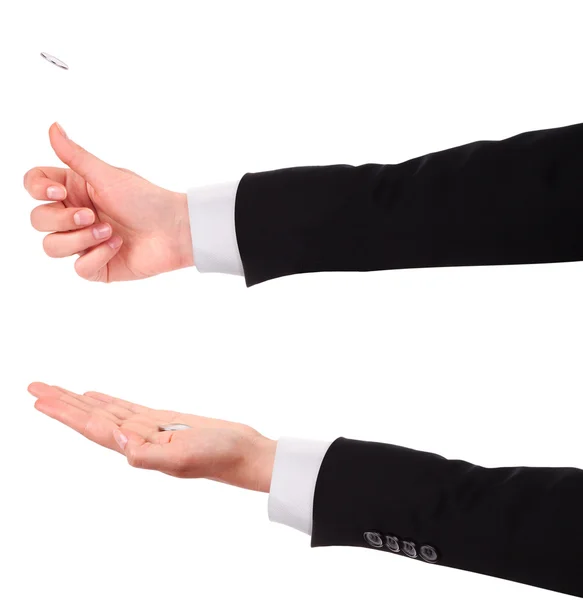 Hand spiegelen een munt geïsoleerd — Stockfoto