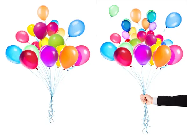 Balões voadores com mão de homem de negócios — Fotografia de Stock