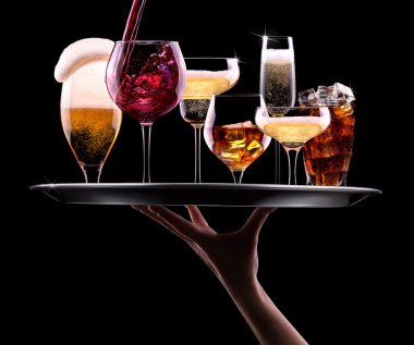 Set with different drinks on black background clipart