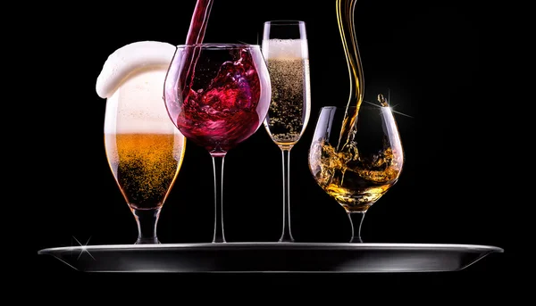 Set with different drinks on black background — Stock Photo, Image