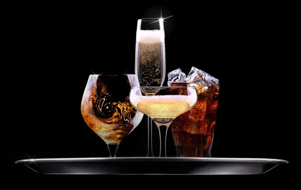 Set with different drinks on black background — Stock Photo, Image