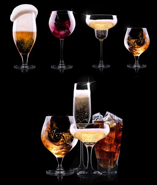 Set with different drinks on black background — Stock Photo, Image