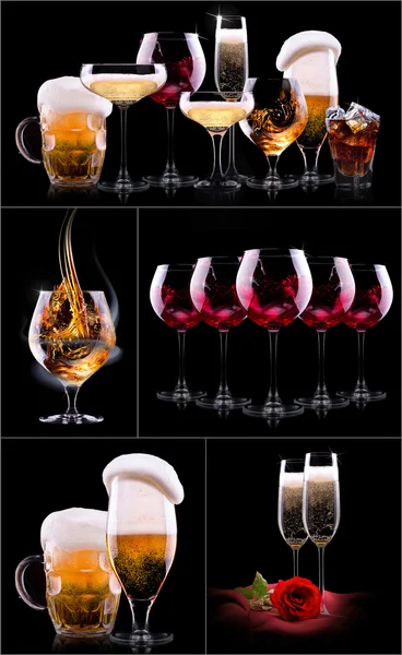 Set with different drinks on black background — Stock Photo, Image