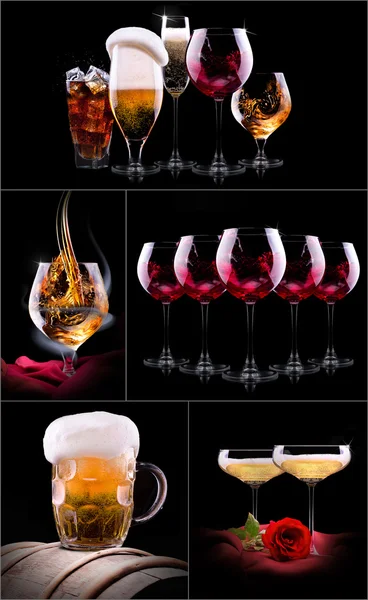 Set with different drinks on black background — Stock Photo, Image