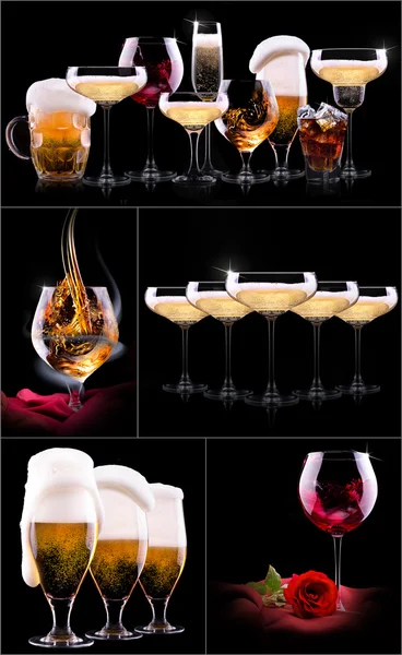 Set with different drinks on black background