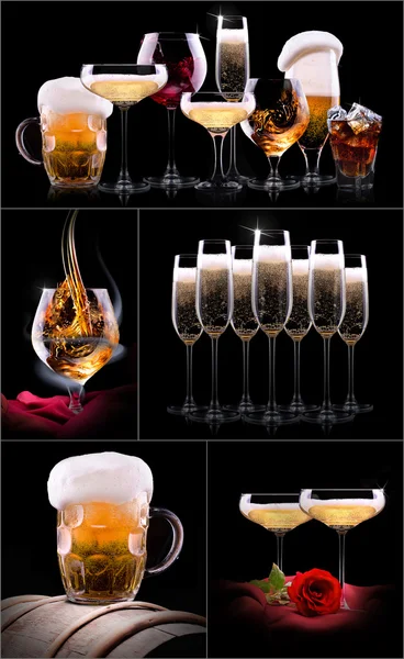 Set con diferentes bebidas sobre fondo negro — Foto de Stock