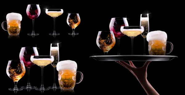 Set con diferentes bebidas sobre fondo negro — Foto de Stock