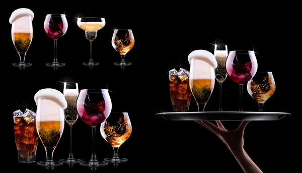 Set con diferentes bebidas sobre fondo negro — Foto de Stock