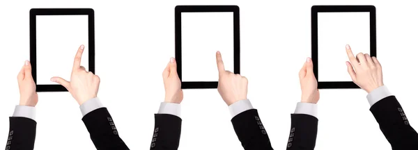 Aanraking scherm tablet pc met hand — Stockfoto