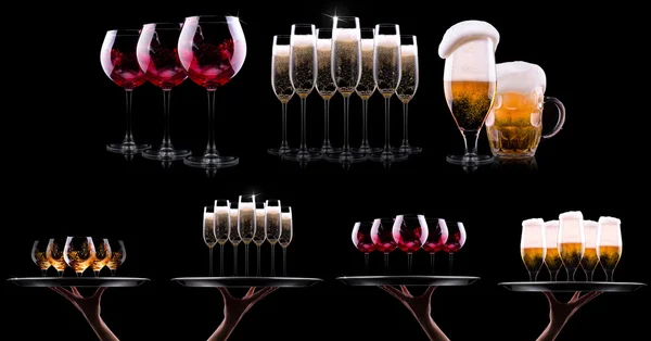 Set con bevande diverse su sfondo nero — Foto Stock