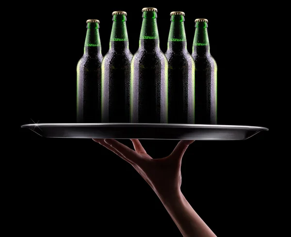 Waiter hand and tray with Beer — Stock Photo, Image