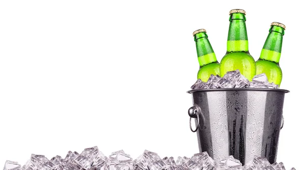 Butelek piwa w wiaderku lód na białym tle — Zdjęcie stockowe