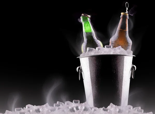Butelki po piwie w wiadrze na lód — Zdjęcie stockowe