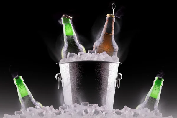 Beer bottles in ice bucket — Stock Photo, Image