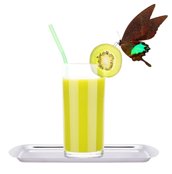 Smoothies of kiwi in glass with butterfly — Stock Photo, Image