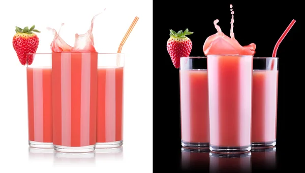 Smoothies jordgubbsplantor i glas med färgstänk — Stockfoto