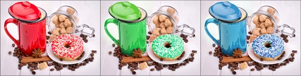 Rote, grüne und blaue Tasse Kaffee-Set — Stockfoto