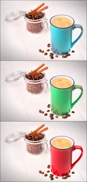 Rote, grüne und blaue Tasse Kaffee-Set — Stockfoto